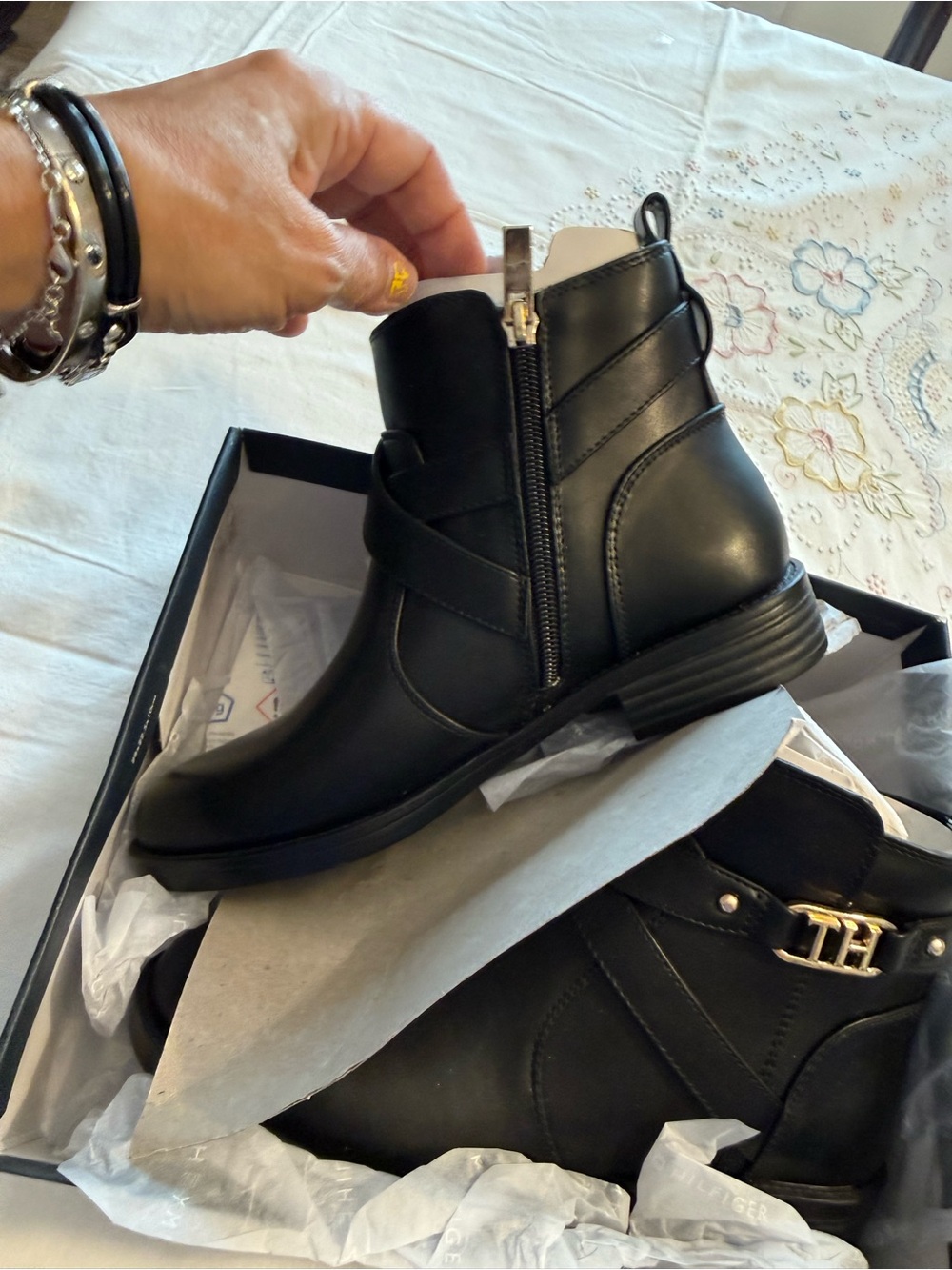Tommy Hilfiger Black Leather Side-Zip Ankle Booties with Gold Logo